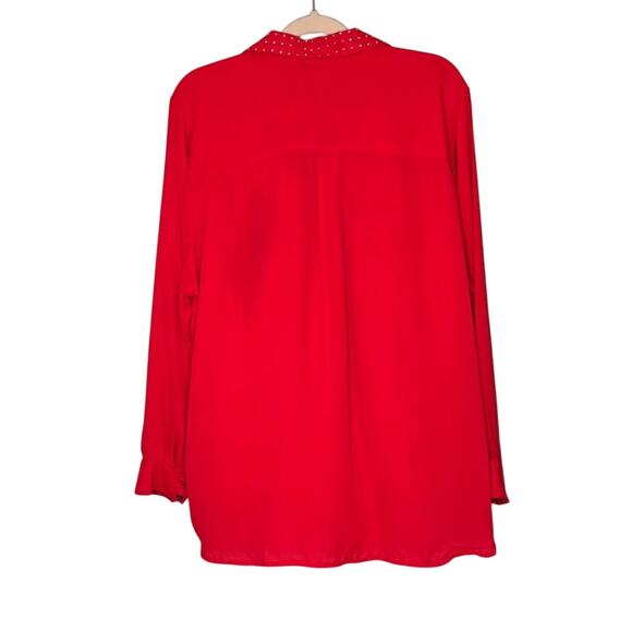 REBECCA MALONE WOMAN Red 1X Button Down Top Blouse Gold Stud Collar Long Sleeve - Picture 3 of 7